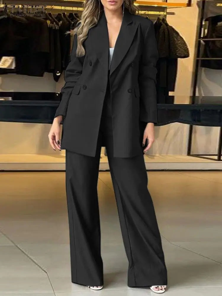 Ensemble 2 Pièces Femme – Veste Blazer Double Boutonnage & Pantalon Fluide Large, Style Chic Bureau