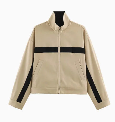 Beige Black Colorblock Zip Collar Crop Women Jacket Sporty Lapel Loose Outerwear Spring Autumn Daily Street Dating Outfit Coat