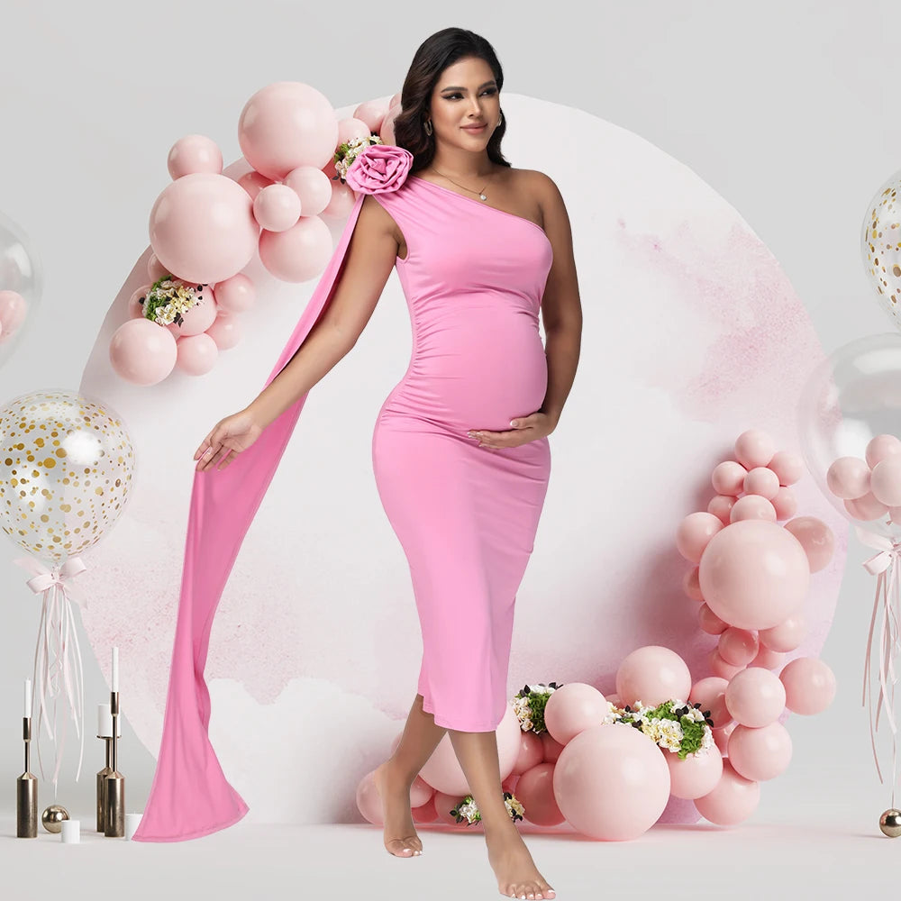 Maternity One Shoulder 3D Floral Floating Sleeve Bodycon Summer Midi Dress for Baby Shower Photoshoot