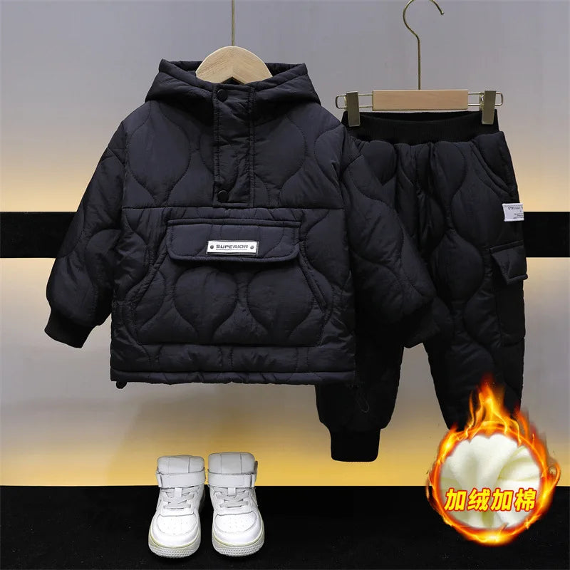 Winter Children Clothes Sets Kids Boys Girls Hooded Warm Cotton Velvet Pullover Coats Outerwear+Pants 2Pcs Snowsuits New1-8Y