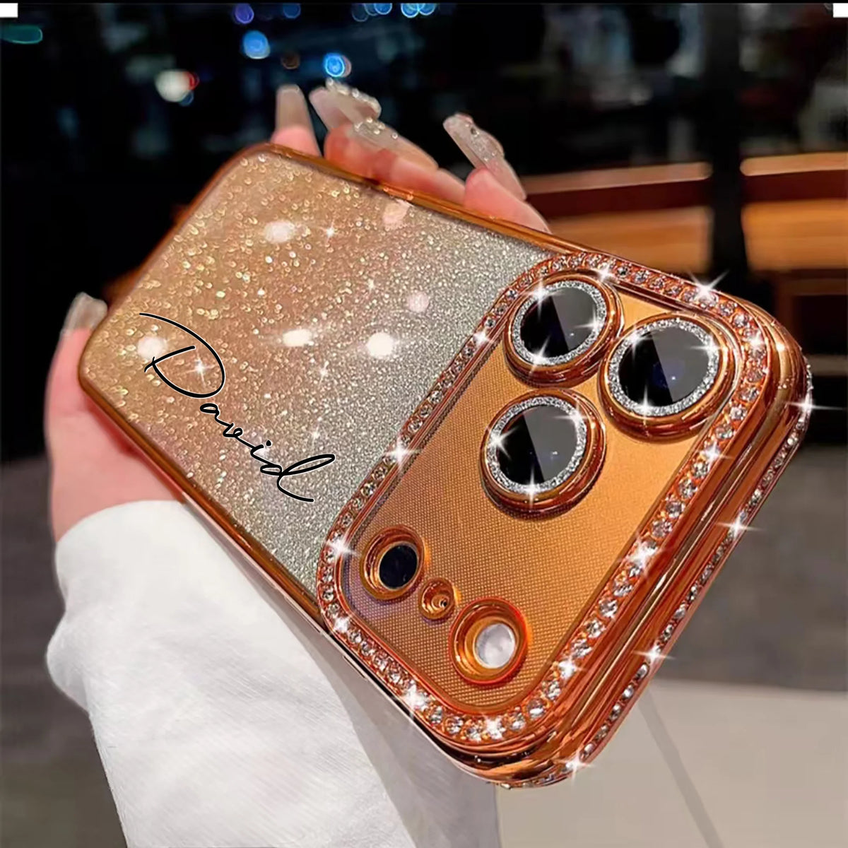 Custom Letters Name Starry Orange Flash Diamond Gradient Phone Case For iPhone 11 12 13 14 15 16 17Air 18Pro Max 14 15 16 Plus