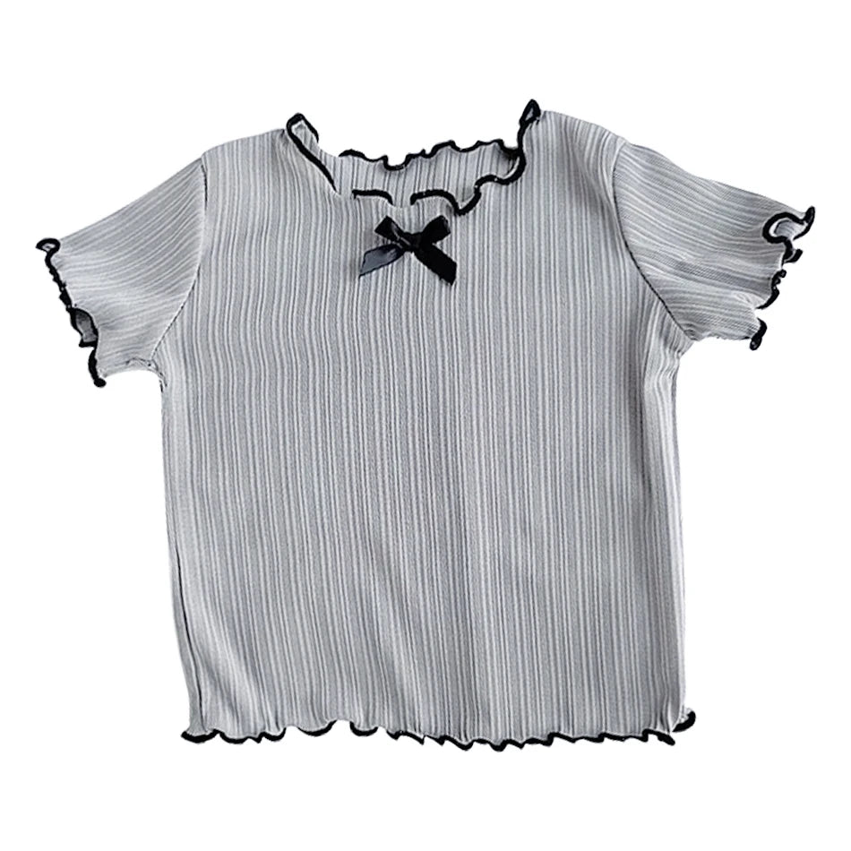 Girls' Ice Silk T-shirt Korean Style Short Sleeve Tops Children's Clothes 2025 Girl Summer Teen Kids Bow Round Neck Solid Tops