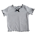 Girls' Ice Silk T-shirt Korean Style Short Sleeve Tops Children's Clothes 2025 Girl Summer Teen Kids Bow Round Neck Solid Tops