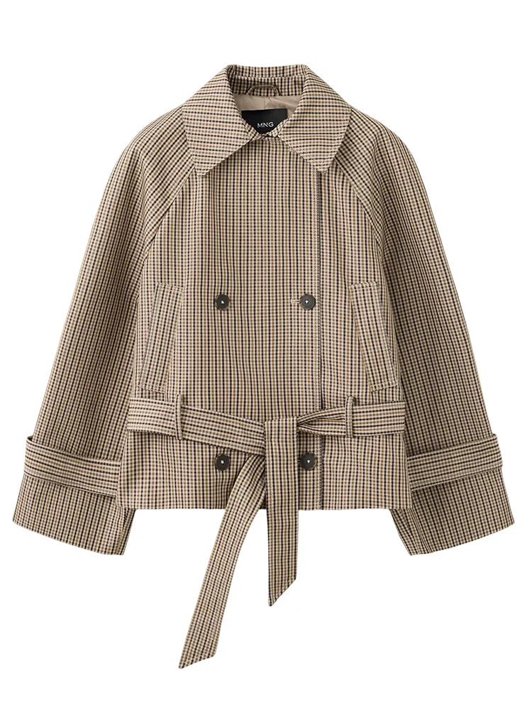 Plaid Lapel Double Breasted Belt Women Trench Coat Short Windbreaker Side Pockets Raglan Sleeve Cuffed Cuff Urban Street Wears