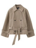 Plaid Lapel Double Breasted Belt Women Trench Coat Short Windbreaker Side Pockets Raglan Sleeve Cuffed Cuff Urban Street Wears