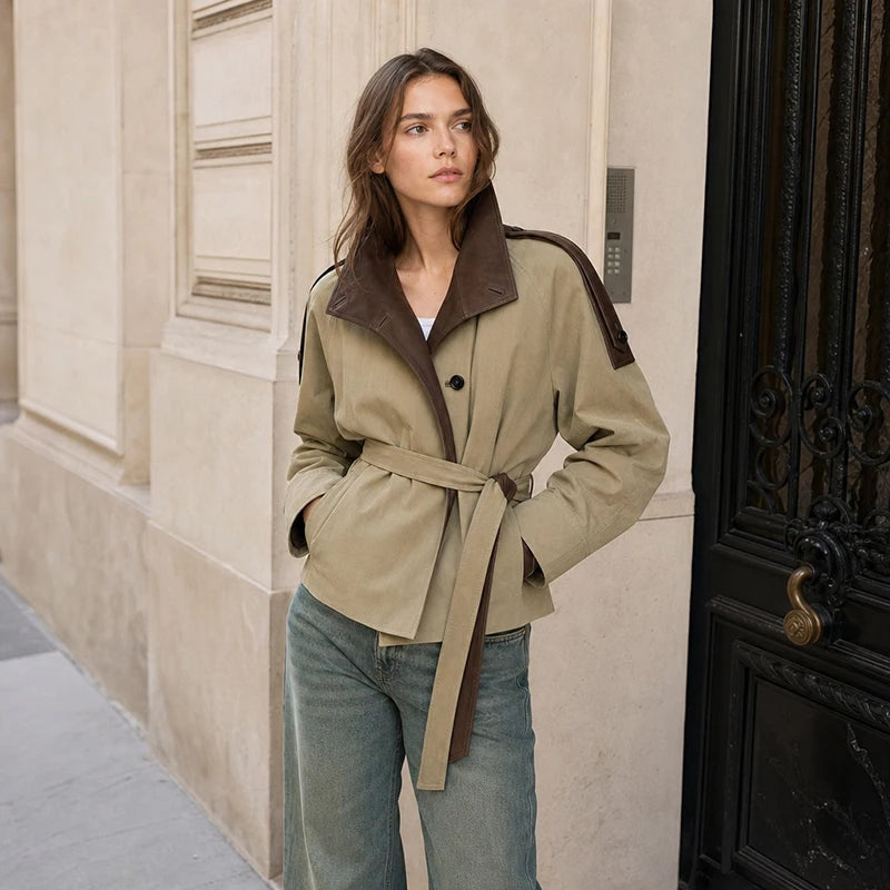 Women Cropped Trench Coat Faux Leather Spliced Epaulets Belted Waist Loose Fit Khaki Short Jacket Vintage 2026 Ladies Outerwear