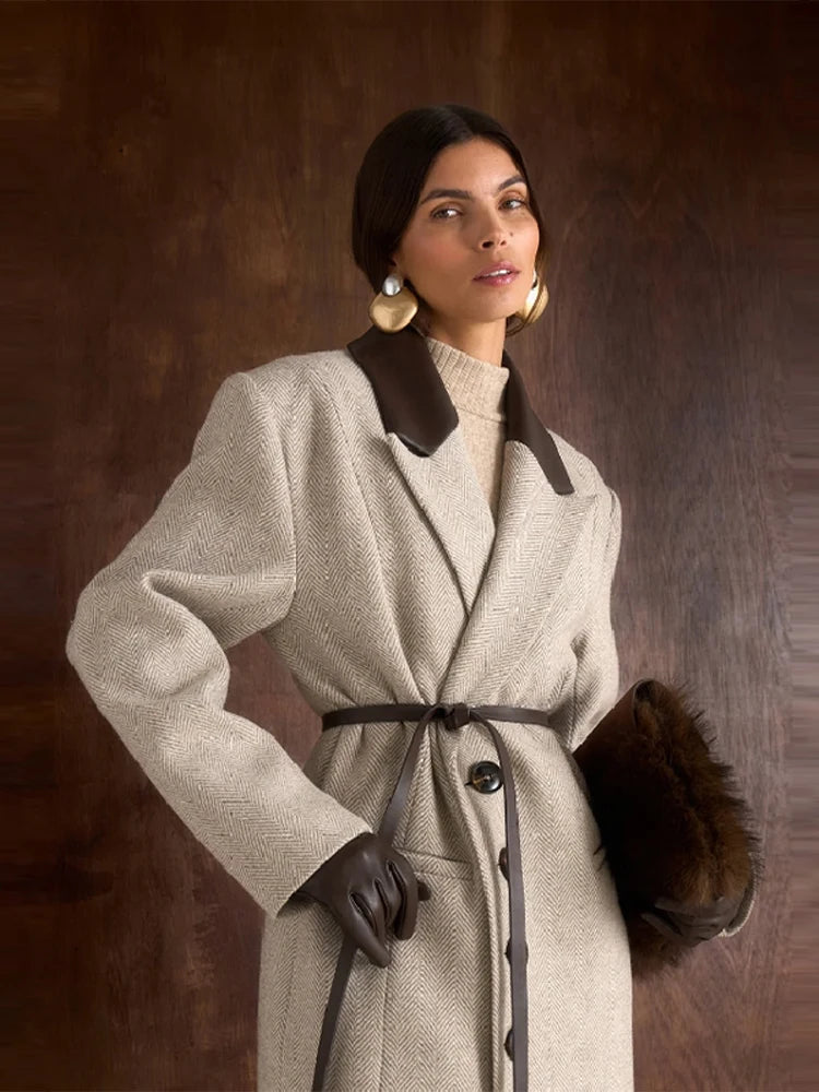 Fashion Waist Cinching Woolen Long Coat For Women Lapel Long Sleeve Single-breasted Coat With Belt New Lady Commuter Outwears