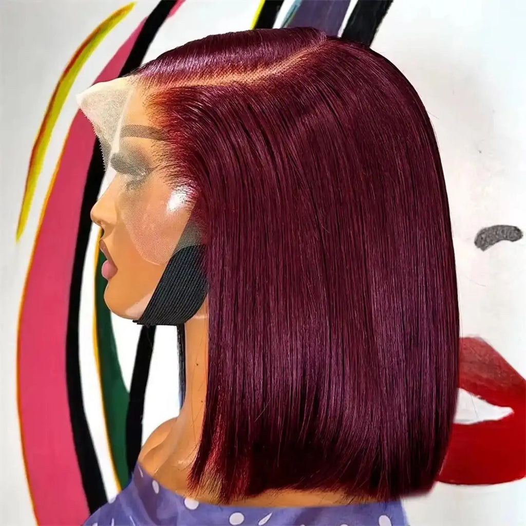 Short Bob Blunt Cut Bone Silky Straight 99J Red Burgundy Color 13X4 HD Full Lace Frontal Wig Heat Resistant Fiber Glueless Wigs