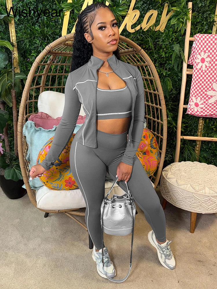 Ensemble 3 Pièces Femme Rose À Rayures – Veste, Soutien-Gorge & Legging, Style Sport Chic