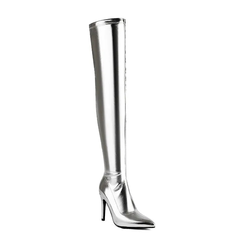 SGESVIER Elastic Women's Over the Knee High Boots Sexy Long Thigh High Boot Ladies Winter Shoes Black Gold Heeled Party Shoes