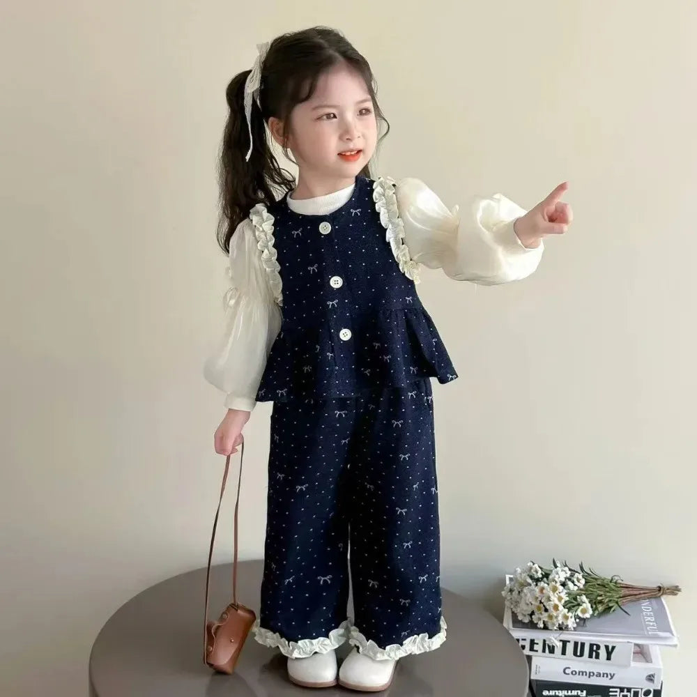 Bear Leader Children's Clothing Autumn Imitation Denim Ruffle Girls Clothes Bow Printed Vest+Long Sleeved Shirt+Pants 3 Pcs Set