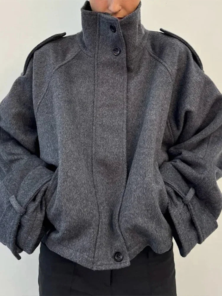 Chic Stand Collar Women Short Woolen Coat Solid Zipper Single Breasted Pocket Jacket 2026 Spring Autumn Lady Outwear High Street