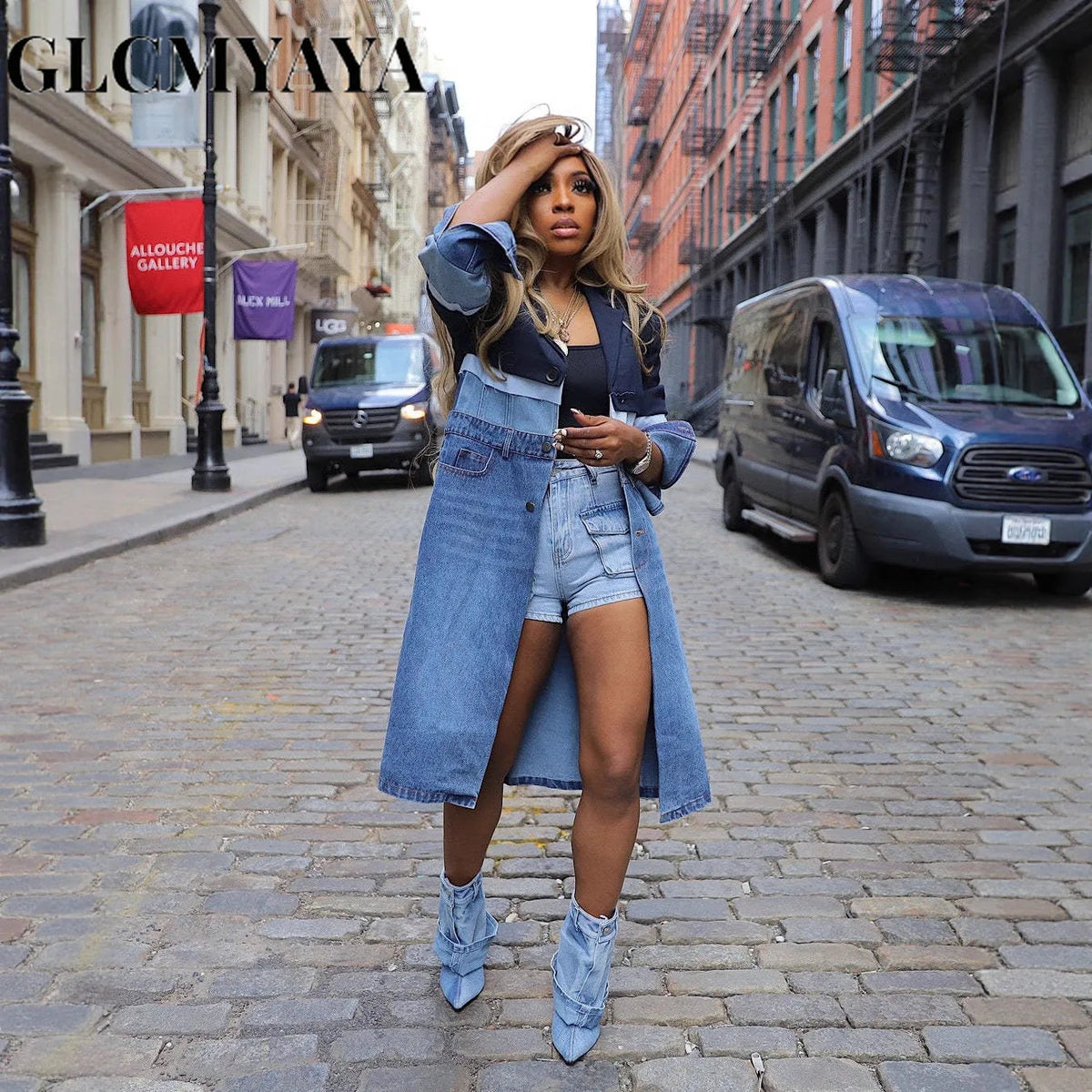 CM.YAYA Women’s Coats Denim Patchwork Long Sleeve 2025 Fall Winter Notched Neck Trench Coat Street Wear Fashion Blazers