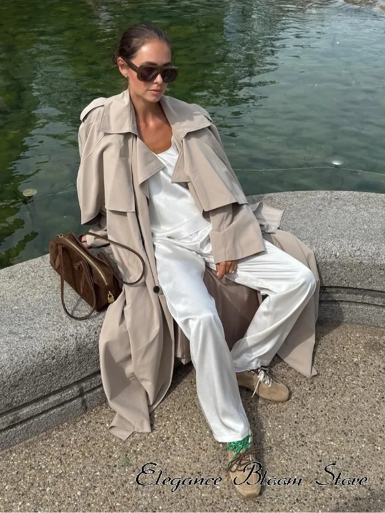 Women Casual Lace Up Long Trench Coat Chic Solid Color Full Sleeve Lapel Windbreaker 2026 Fall New Fashion Loose Commute Jackets