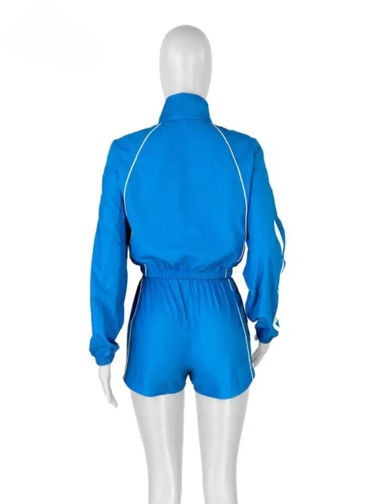 Ensemble Rayé 2 Pièces Femme – Veste Zippée & Short Cordon, Style Casual