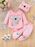 Baby Koala Print Set: Pink Romper + Striped Pants + Animal Hat Three-Piece Set, Autumn and Winter Outing Outfit for Baby Girls