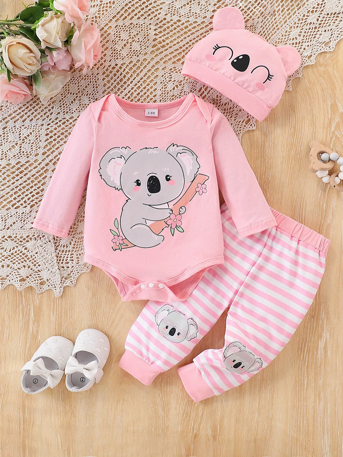 Baby Koala Print Set: Pink Romper + Striped Pants + Animal Hat Three-Piece Set, Autumn and Winter Outing Outfit for Baby Girls