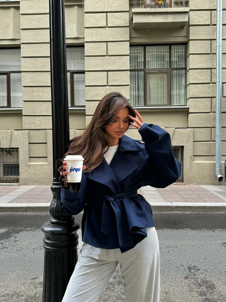 Women's Solid Cropped Trench Coat Elegant Lapel Collar Long Sleeve Belted Wrap Jackets Casual Streetwear 2026 Spring Fall Wear