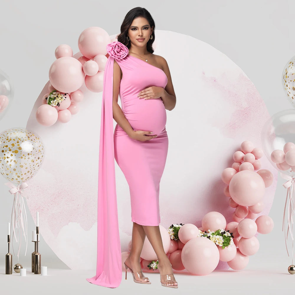 Maternity One Shoulder 3D Floral Floating Sleeve Bodycon Summer Midi Dress for Baby Shower Photoshoot