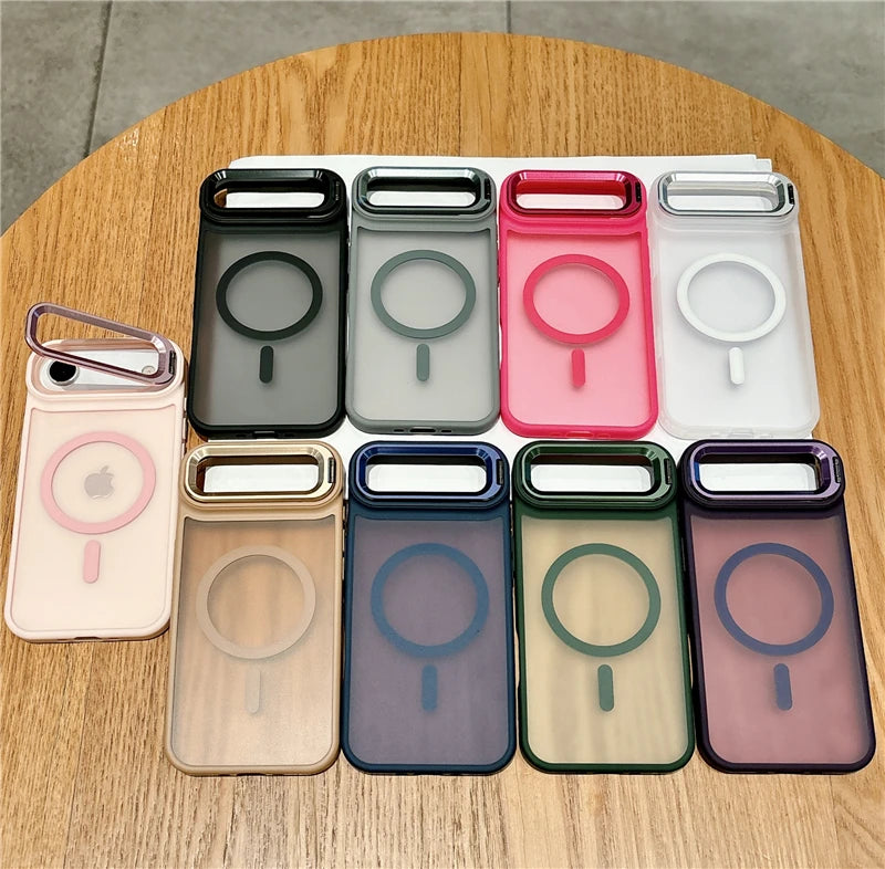 Metal Lens Stand Magnetic Phone Case For Magsafe Wireless iPhone 17 Air 16E 16 15 14 13 12 Mini 11 Pro Max Plus Shockproof Cover