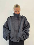 Chic Stand Collar Women Short Woolen Coat Solid Zipper Single Breasted Pocket Jacket 2026 Spring Autumn Lady Outwear High Street