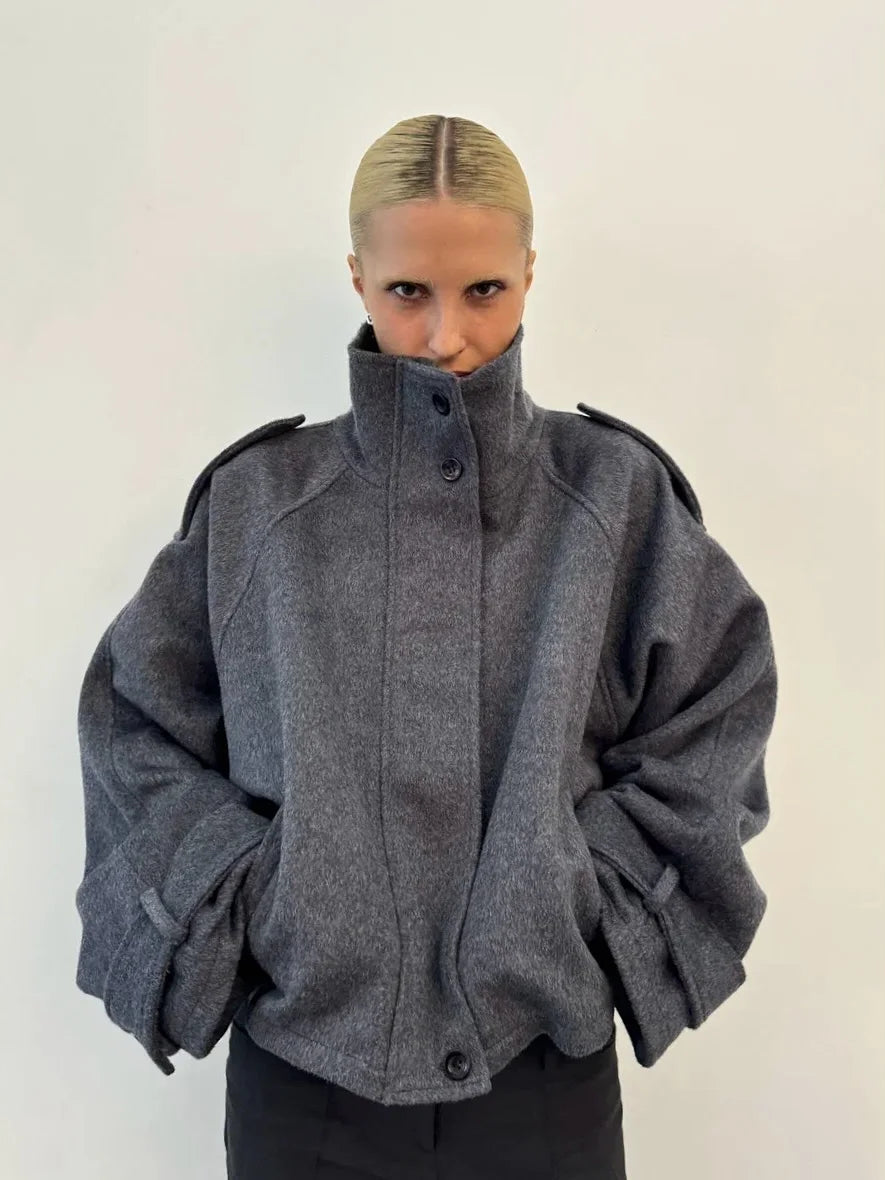 Chic Stand Collar Women Short Woolen Coat Solid Zipper Single Breasted Pocket Jacket 2026 Spring Autumn Lady Outwear High Street