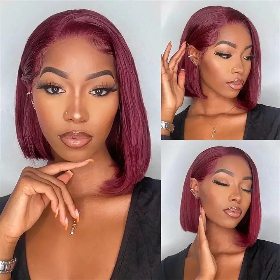 Short Bob Blunt Cut Bone Silky Straight 99J Red Burgundy Color 13X4 HD Full Lace Frontal Wig Heat Resistant Fiber Glueless Wigs