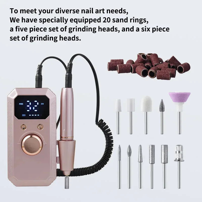 New Professional Electric Nail Art Drill Portable Electric File HD Display Multi Head Replaceable Nail Art Lathe Grinder