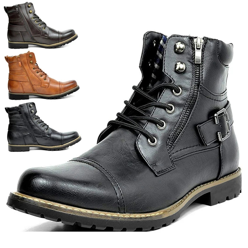 Quality Men Leather Boots Metal Double Zipper Motorcycle Boots Oxford Business Men Ankle Boots Autumn Winter Shoes Large Size 48