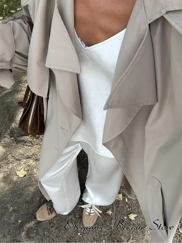 Women Casual Lace Up Long Trench Coat Chic Solid Color Full Sleeve Lapel Windbreaker 2026 Fall New Fashion Loose Commute Jackets