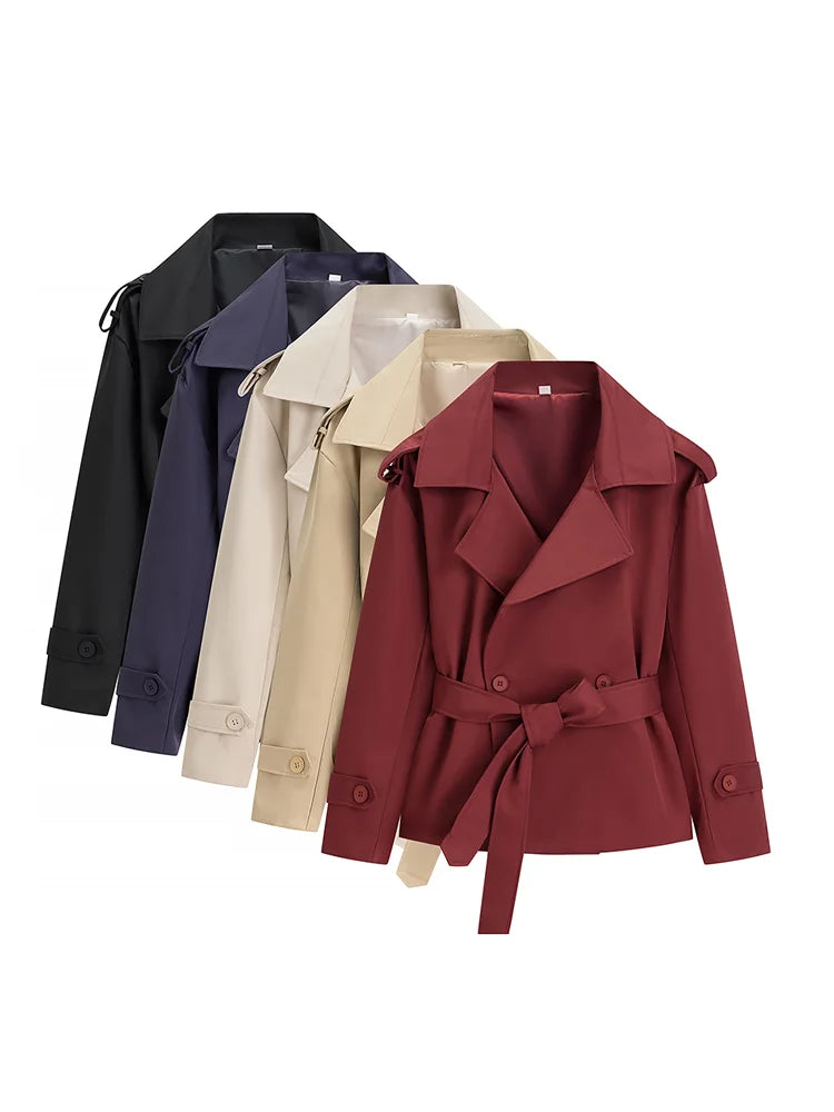 Women's Solid Cropped Trench Coat Elegant Lapel Collar Long Sleeve Belted Wrap Jackets Casual Streetwear 2026 Spring Fall Wear