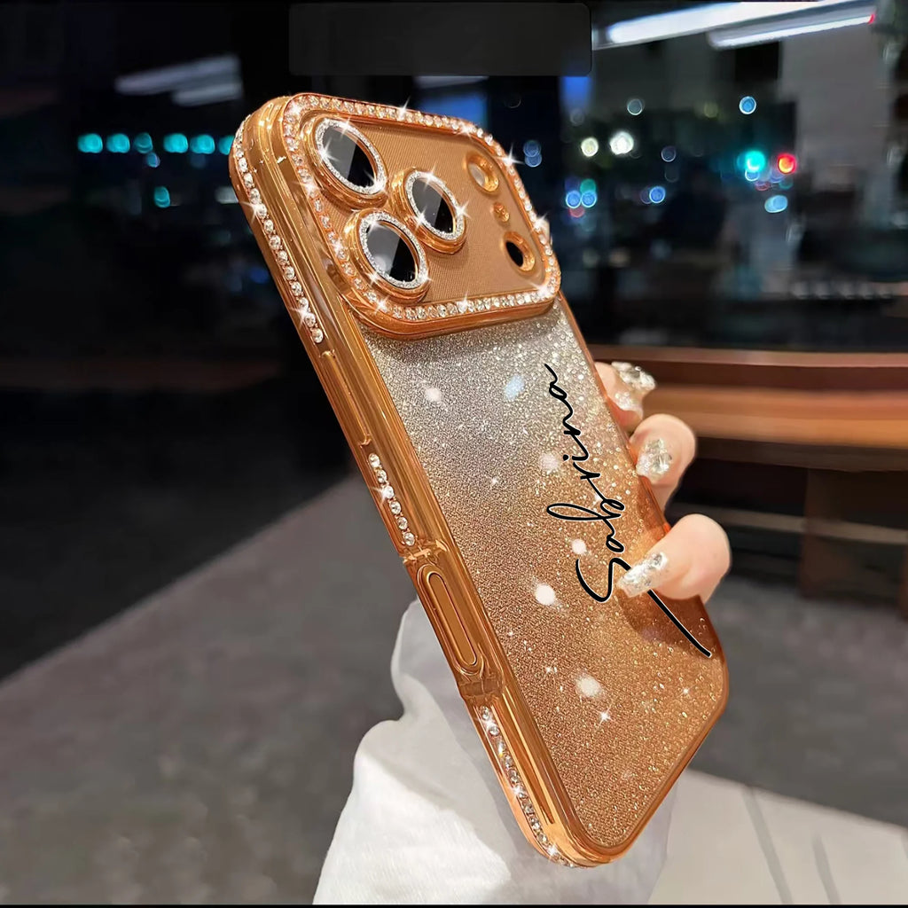 Custom Letters Name Starry Orange Flash Diamond Gradient Phone Case For iPhone 11 12 13 14 15 16 17Air 18Pro Max 14 15 16 Plus