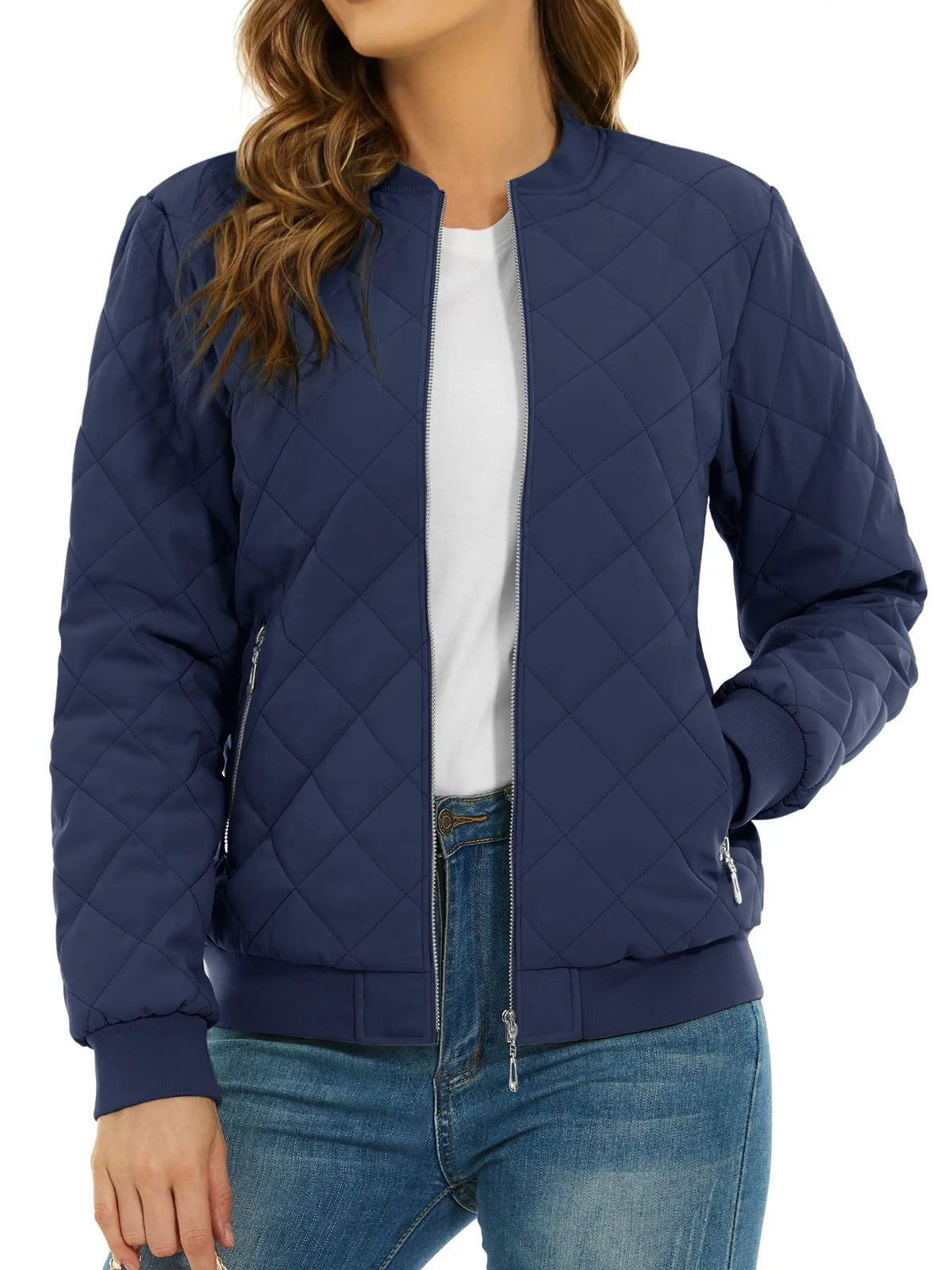 TACVASEN Padded Warm Jackets Womens Fashion Retro Pilot Jacket Diamond Quilted Coats Full Zip Up Pockets Casual Outwear