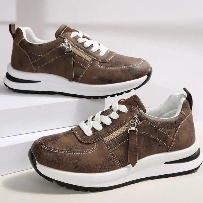 Spring Brown Leather Platform Sneakers Women Comfortable Lace Up Thick Sole Sports Shoes Woman Casual Slip On Vulcanize Shoes