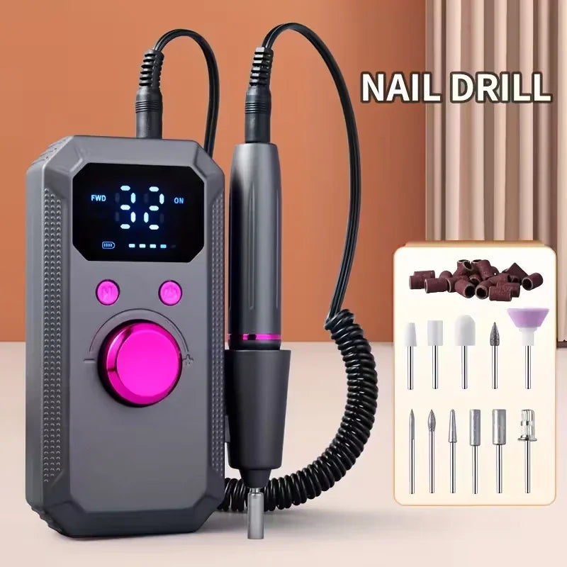 New Professional Electric Nail Art Drill Portable Electric File HD Display Multi Head Replaceable Nail Art Lathe Grinder