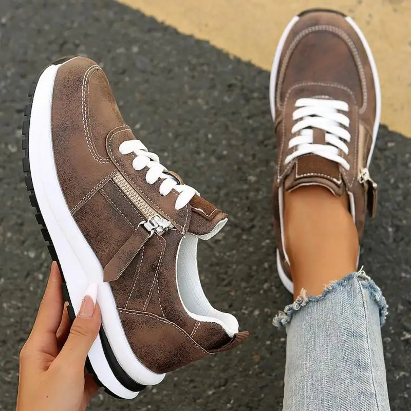 Spring Brown Leather Platform Sneakers Women Comfortable Lace Up Thick Sole Sports Shoes Woman Casual Slip On Vulcanize Shoes