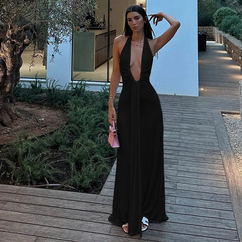 Robe Cintrée Col V Profond Femme – Couleur Unie, Style Européen Élégant