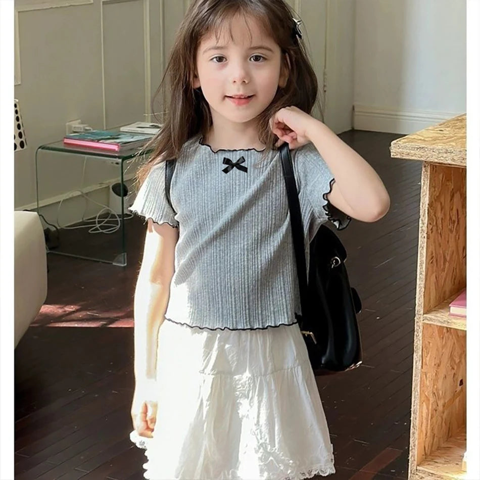 Girls' Ice Silk T-shirt Korean Style Short Sleeve Tops Children's Clothes 2025 Girl Summer Teen Kids Bow Round Neck Solid Tops