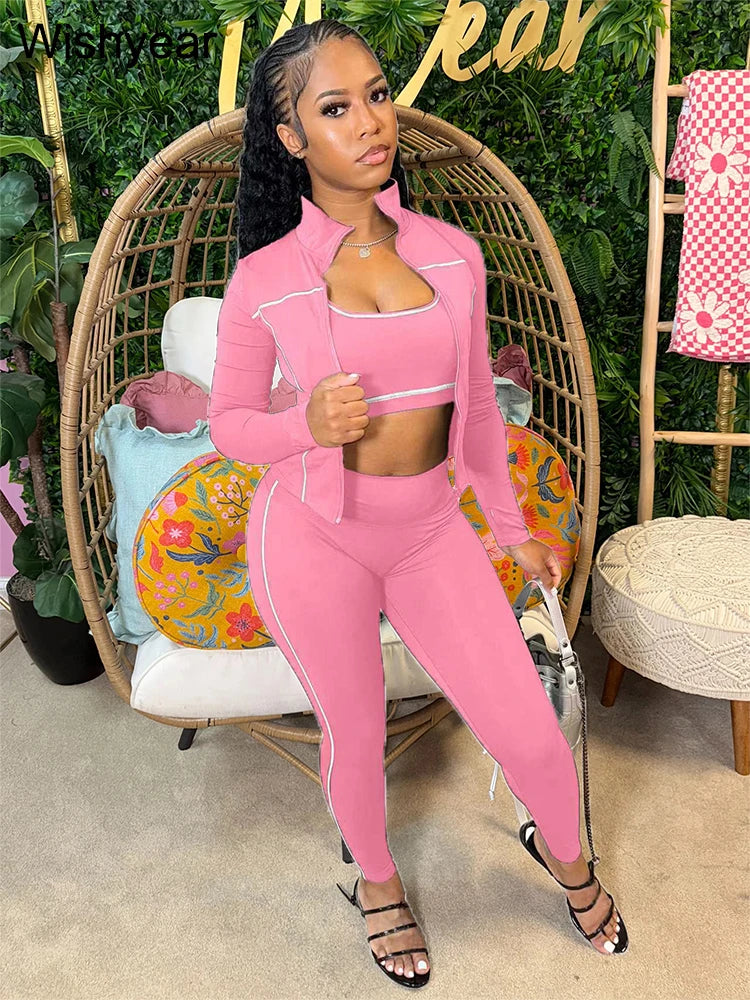 Ensemble 3 Pièces Femme Rose À Rayures – Veste, Soutien-Gorge & Legging, Style Sport Chic