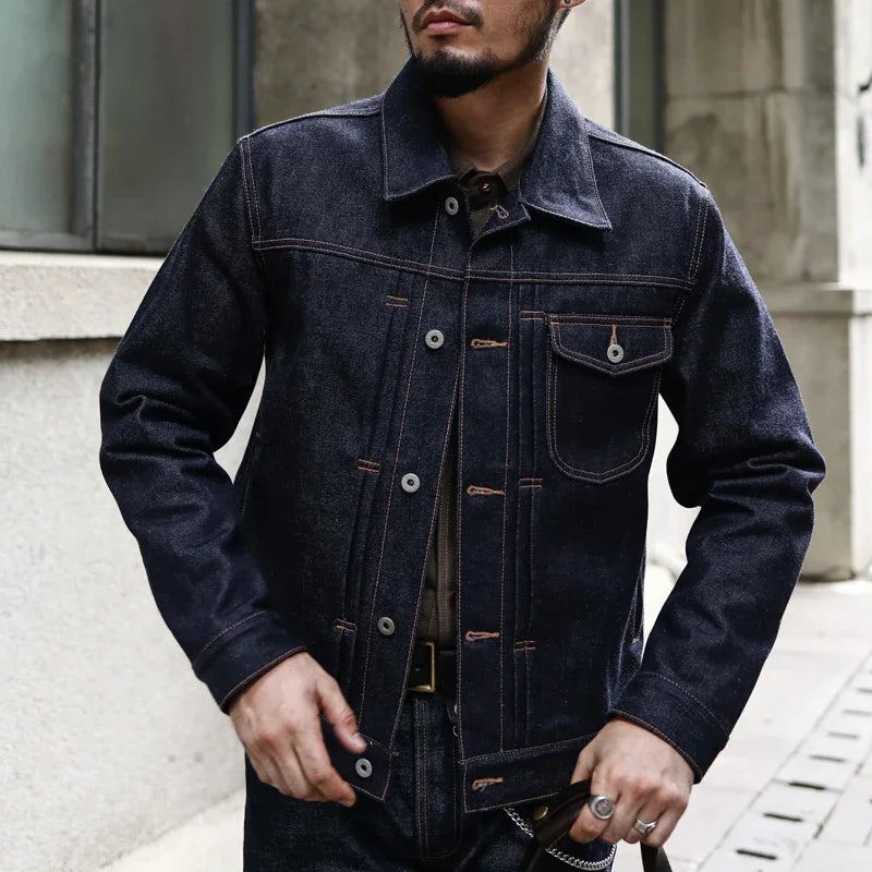 Veste en Jean Selvedge Homme – Denim Indigo 18 Oz, Coupe Régulière, Style Vintage Motard