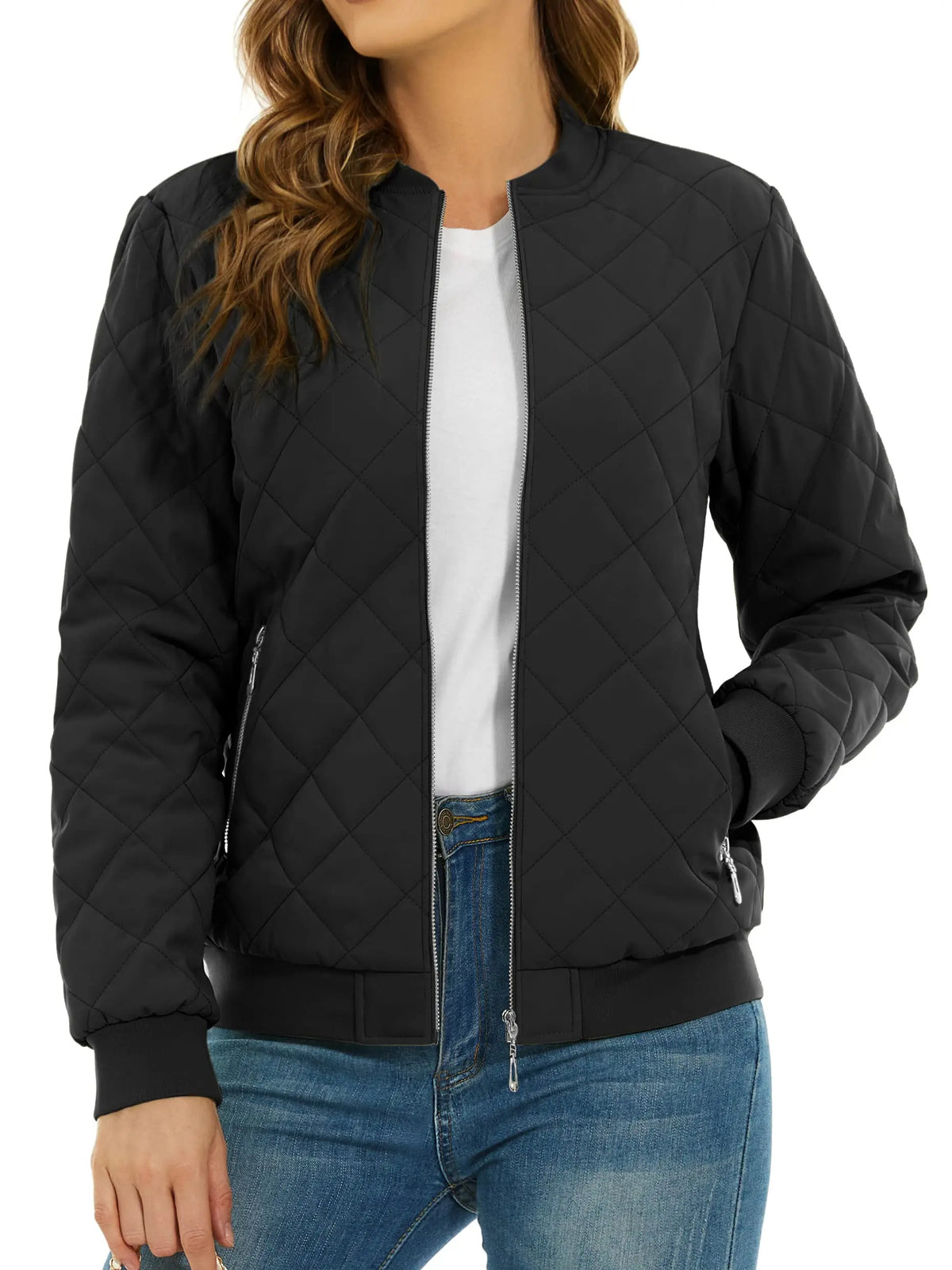 TACVASEN Padded Warm Jackets Womens Fashion Retro Pilot Jacket Diamond Quilted Coats Full Zip Up Pockets Casual Outwear
