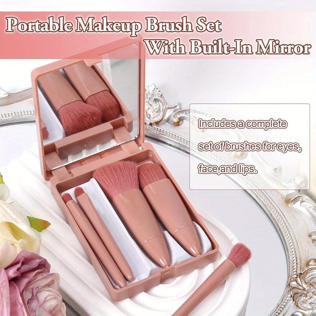 Mini 5-Piece Portable Makeup Brush Set With Mirror - Makeup Brush Travel Set, Eyeshadow Brush Tool