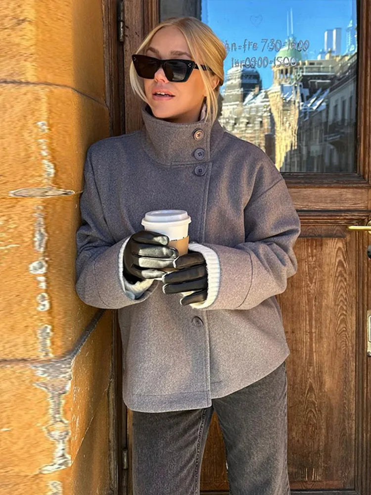 Chic Stand Collar Women Short Woolen Coat Solid Zipper Single Breasted Pocket Jacket 2026 Spring Autumn Lady Outwear High Street