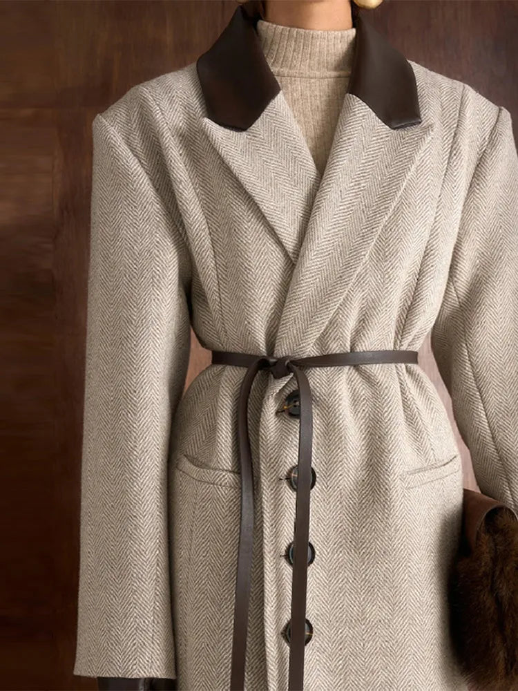Fashion Waist Cinching Woolen Long Coat For Women Lapel Long Sleeve Single-breasted Coat With Belt New Lady Commuter Outwears