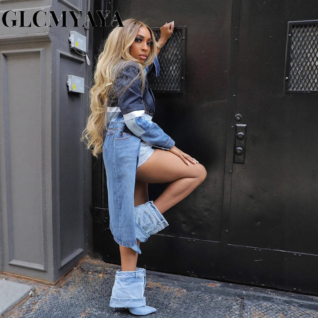 CM.YAYA Women’s Coats Denim Patchwork Long Sleeve 2025 Fall Winter Notched Neck Trench Coat Street Wear Fashion Blazers
