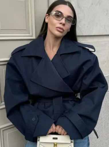 Women's Solid Cropped Trench Coat Elegant Lapel Collar Long Sleeve Belted Wrap Jackets Casual Streetwear 2026 Spring Fall Wear