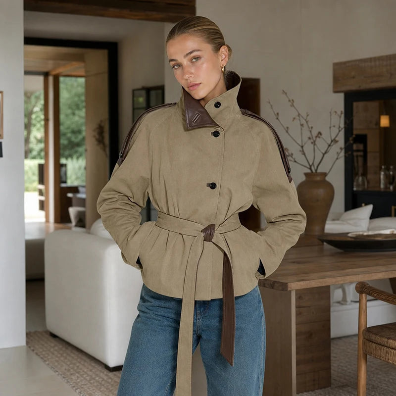 Women Cropped Trench Coat Faux Leather Spliced Epaulets Belted Waist Loose Fit Khaki Short Jacket Vintage 2026 Ladies Outerwear