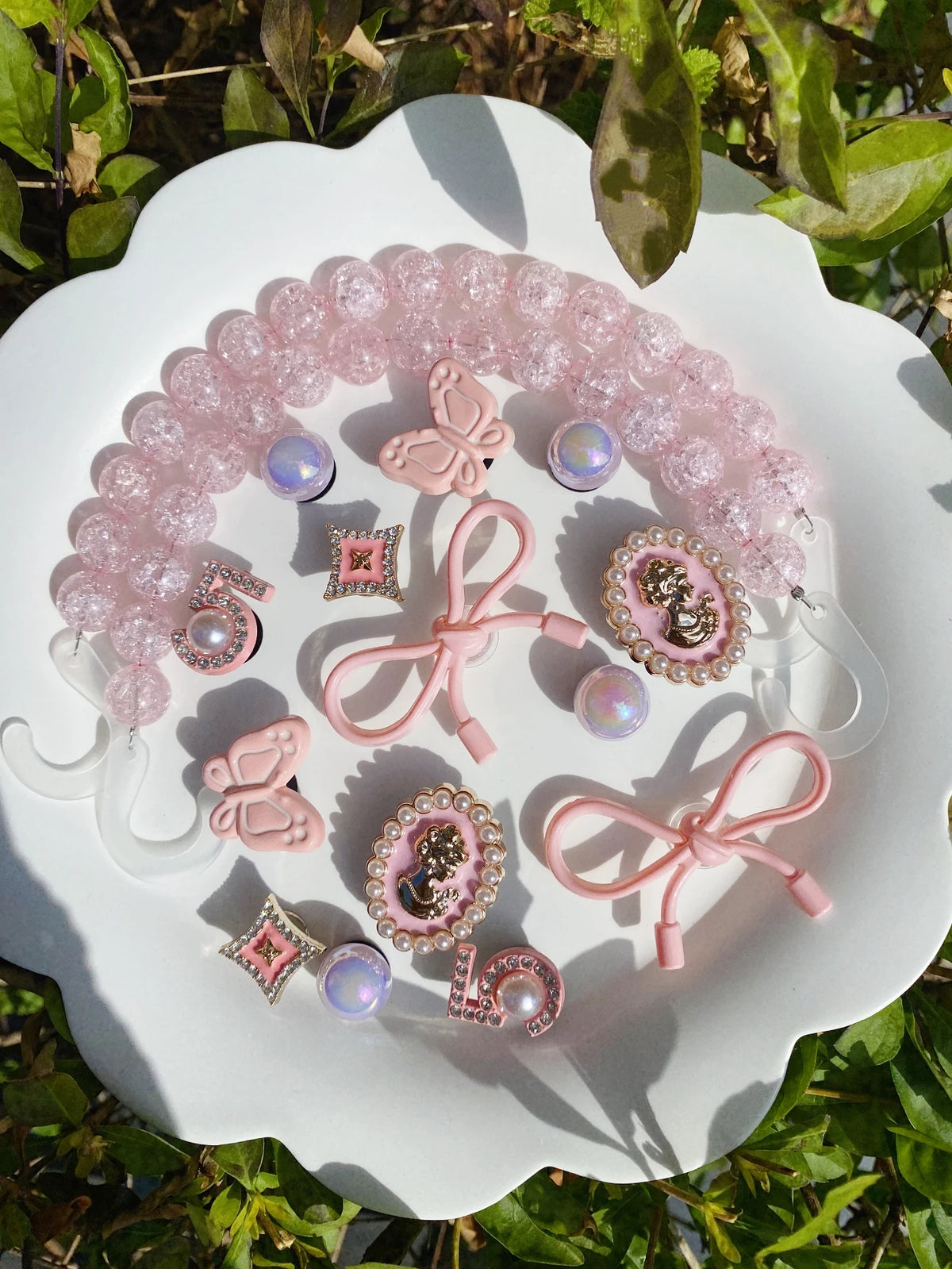 16 fashionable pink (bow, dot diamond 5, small butterfly, broken bead chain) shoe buckle DIY decorations, multi-functional shoe