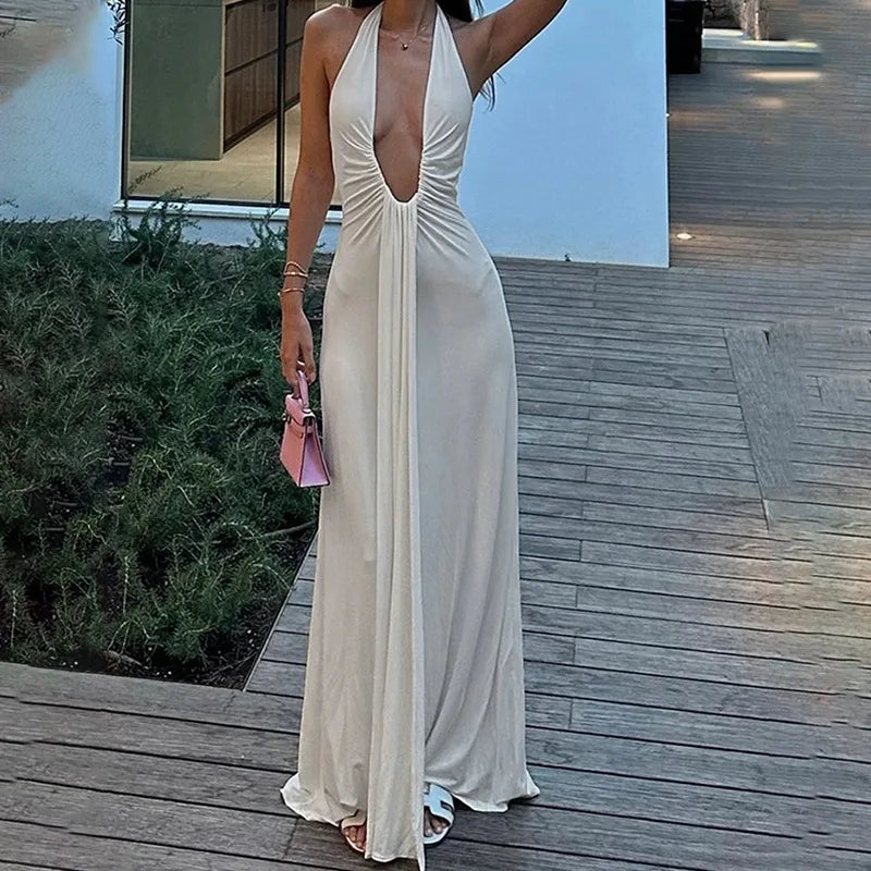 Robe Cintrée Col V Profond Femme – Couleur Unie, Style Européen Élégant