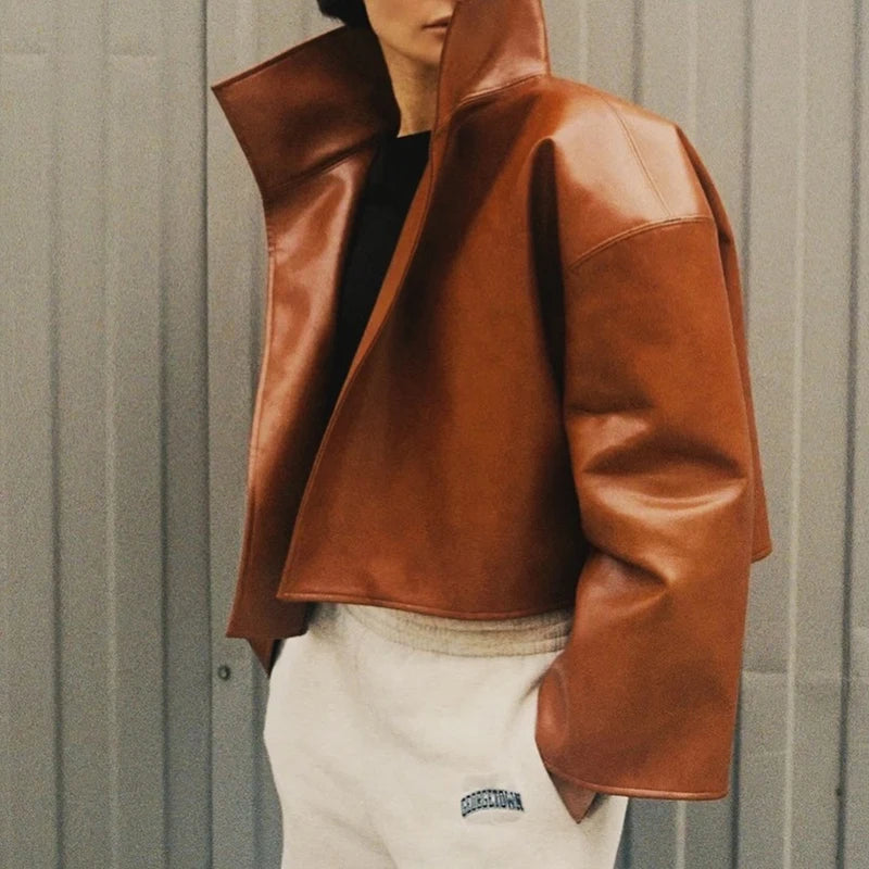 Fashion Loose Solid Coat Women Street White Pu Leather Full Sleeve Stand Collar Jackets Female 2026 Summer Autumn Lady Outerwear